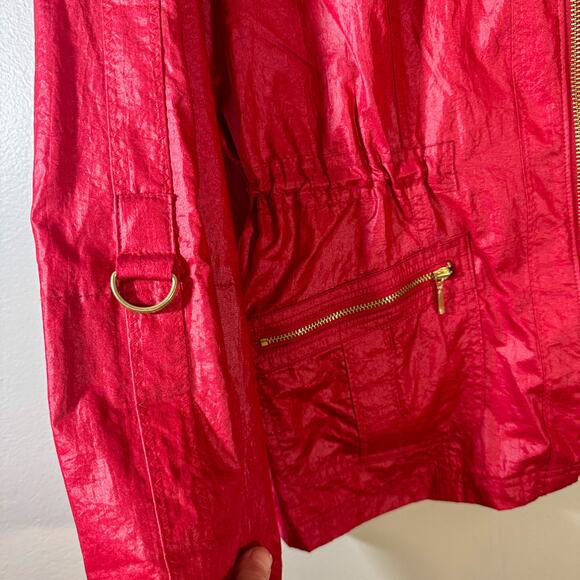 Red Crinkled Anorak Jacket | Utility Style with Gold Zippers Size 1 (US M/L) - Picture 2 of 5